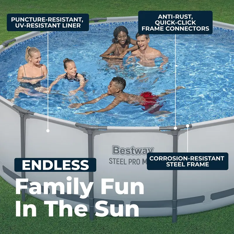 Bestway Steel Pro MAX Round Above Ground Pool Set, Gray (15 Ft | 14 Ft | 13 Ft | Size Options) Complete Set with Filter Pump, Ladder and Cover Fun Gift