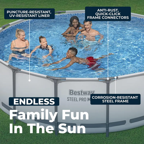 Bestway Steel Pro MAX Round Above Ground Pool Set, Gray (15 Ft | 14 Ft | 13 Ft | Size Options) Complete Set with Filter Pump, Ladder and Cover Fun Gift