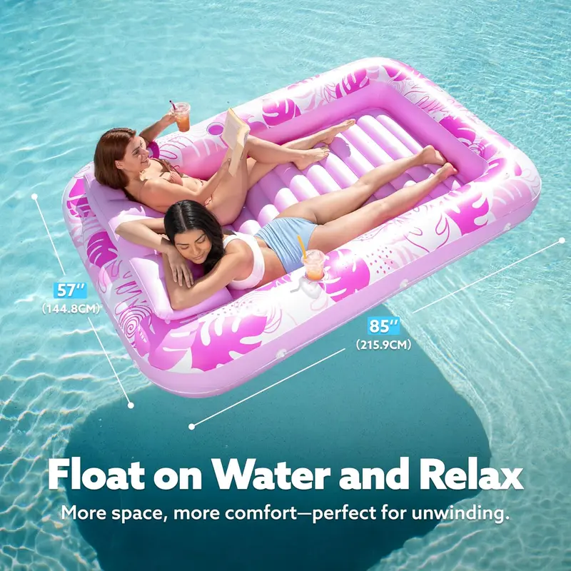 Inflatable Tanning Pool Lounge Float With Cup Holder, 70“X46”/85″ x 57″ Extra Large Pool Floats Adult with Pillow, 4 in 1 Suntan Tub Raft Floatie, Sunbathing Bed Lounge for Water Blow Up Kids Ball Pit Party Gifts