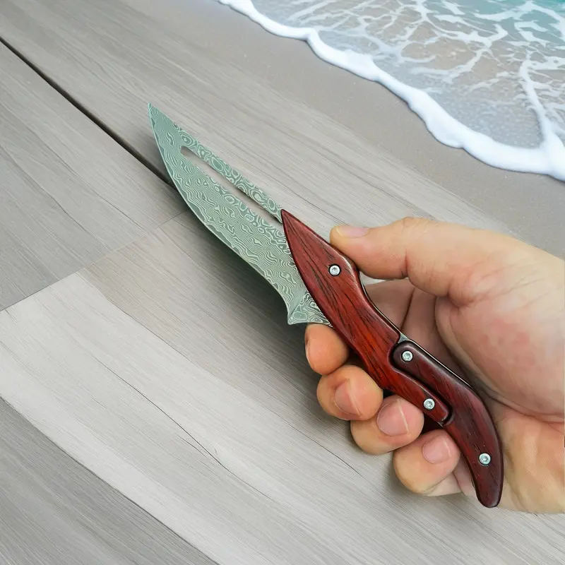 Damascus steel multifunctional folding knife | mechanical magic knife | creative horseshoe design | wooden handle | kitchen peeling tool and unique gift