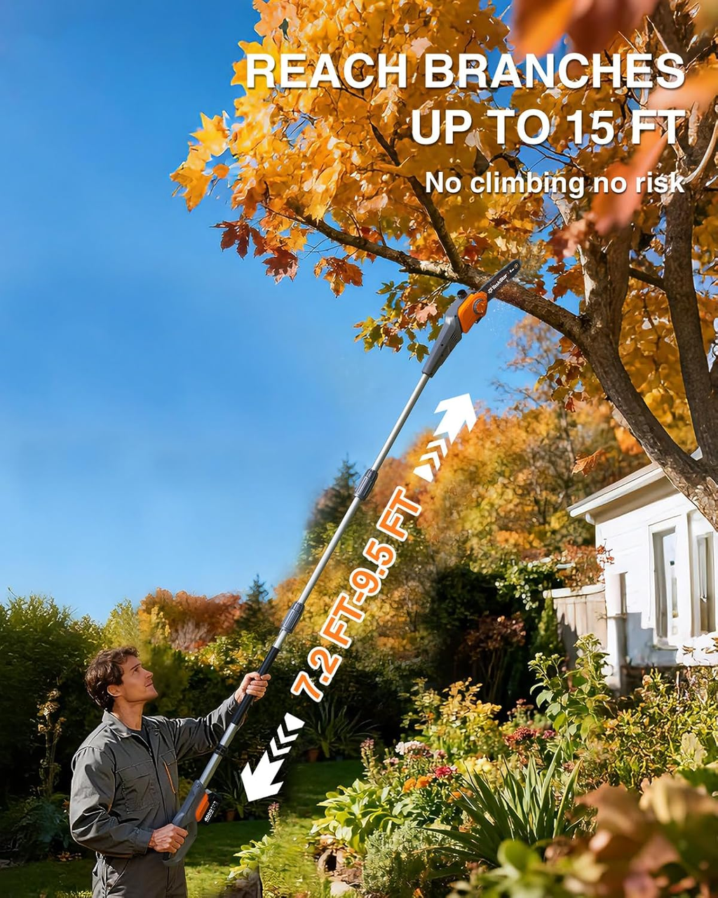 TaskStar 2-in-1 Pole Saw for Tree Trimming, 8-Inch Cordless Brushless Chainsaw with Adjustable Extension Pole, 2×4.0Ah Rechargeable Batteries & Charger, Auto Oiling, 15 Ft Max Reach