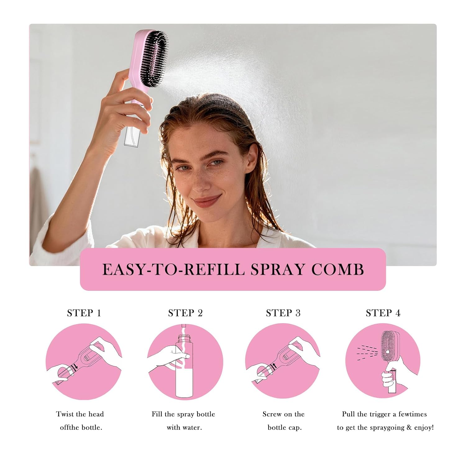 2-in-1 Detangler Hair Brush, With Built-In Mister Spray, Wet & Dry Detangling Brush for Curly, Wavy & Straight Hair | No-Tangle Anti-Frizz Hair Care Brush,Water Reservoir 50ml.