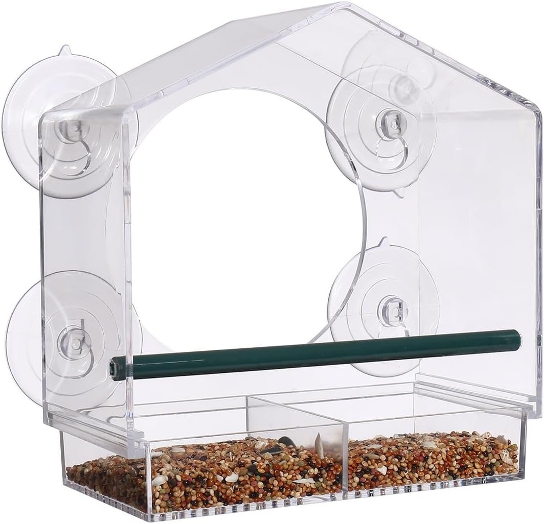 Outside Large Clear Window Mounted Bird House Feeders with Strong Suction Cups and Removable Seed Tray, Acrylic Clear, for Cardinals, Blue Jays, Finches