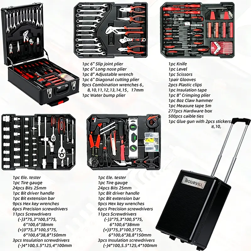 Bourvill 899-Piece Tool Set - High-Capacity Portable Metal Tool Case,Wheeled Mobile Tool Cabinet, and 4-Tier Aluminum Alloy Storage Unit- A Complete Kit for Mechanical Repair & Home Maintenance - ThePerfect Father's Day Gift #fathersdaygift