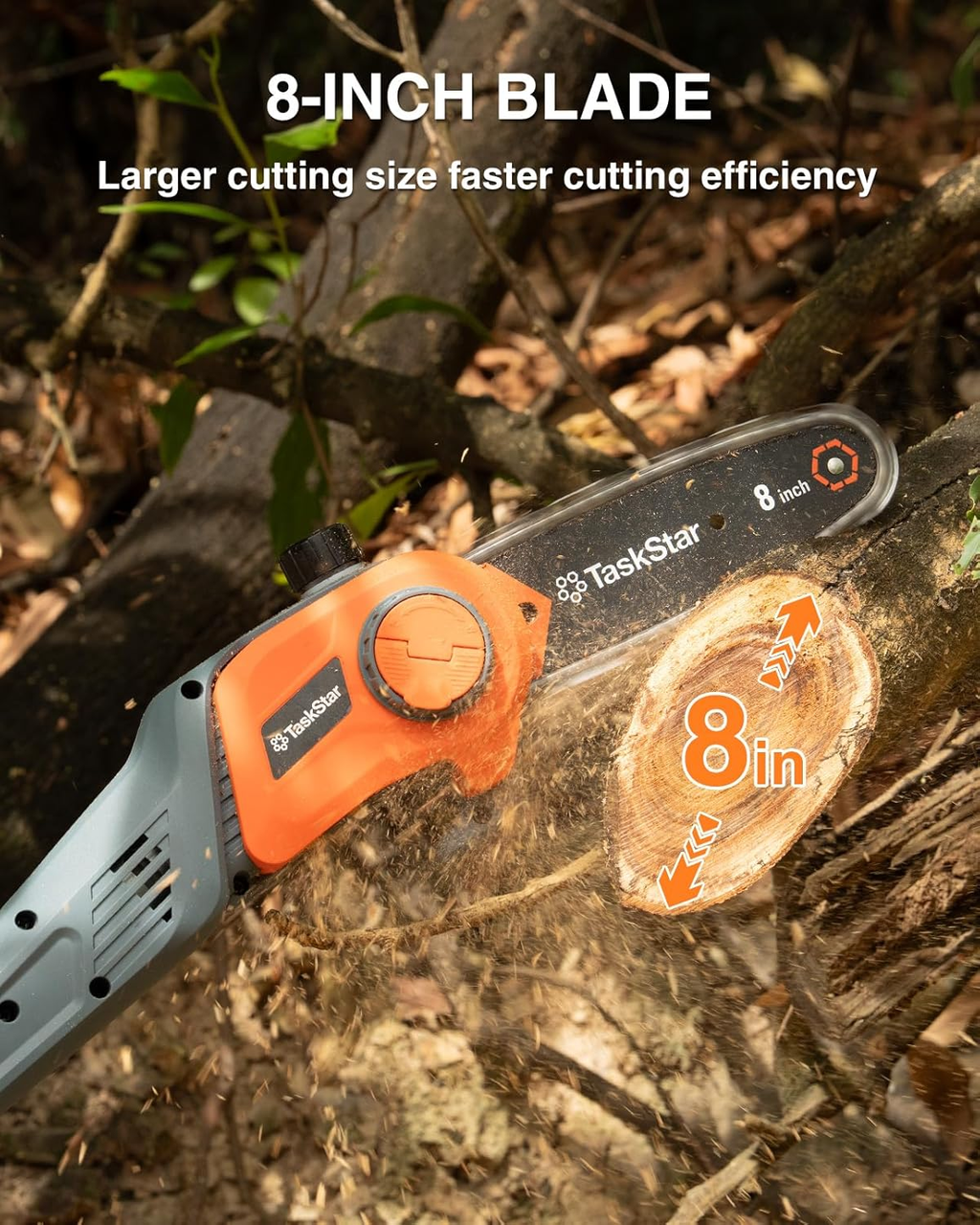 TaskStar 2-in-1 Pole Saw for Tree Trimming, 8-Inch Cordless Brushless Chainsaw with Adjustable Extension Pole, 2×4.0Ah Rechargeable Batteries & Charger, Auto Oiling, 15 Ft Max Reach