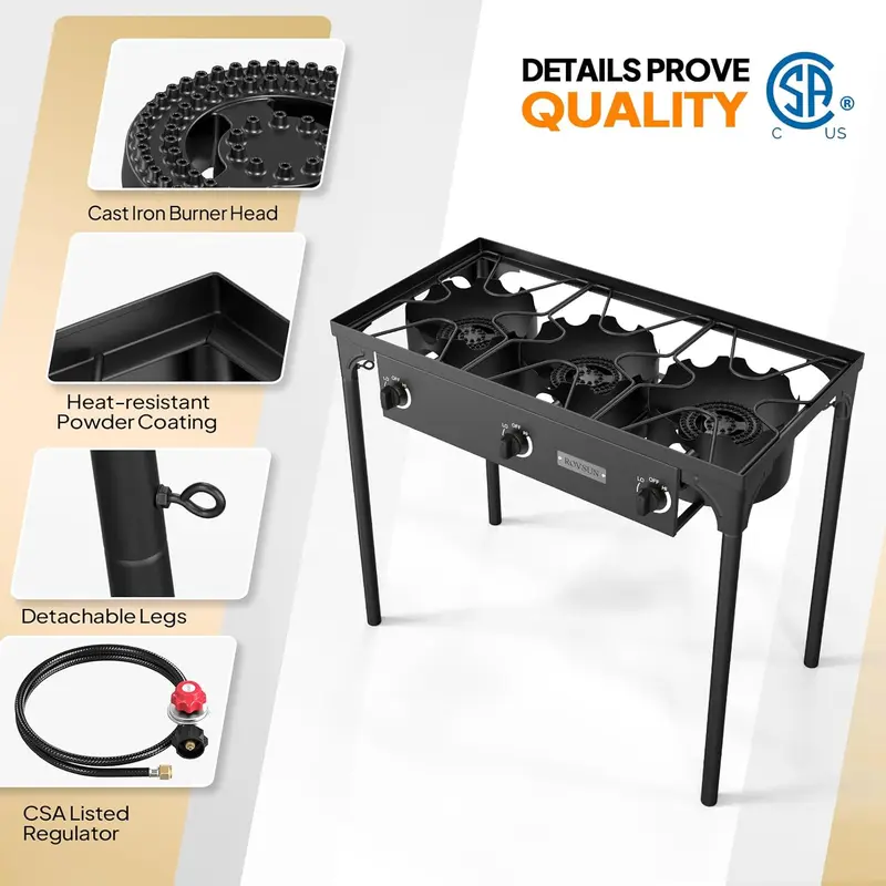 ROVSUN 1/2/3 Burner Propane Gas Stove, 75000BTU/150000BTU/225,000 BTU High Pressure Outdoor Camping Burner with CSA Listed Regulator, Picnic Cooker Perfect for Home Brewing Maple Syrup Patio Turkey Frying Canning