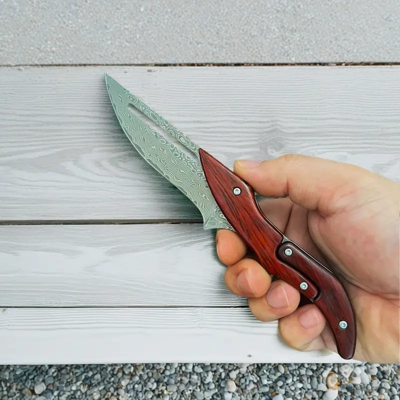 Damascus steel multifunctional folding knife | mechanical magic knife | creative horseshoe design | wooden handle | kitchen peeling tool and unique gift