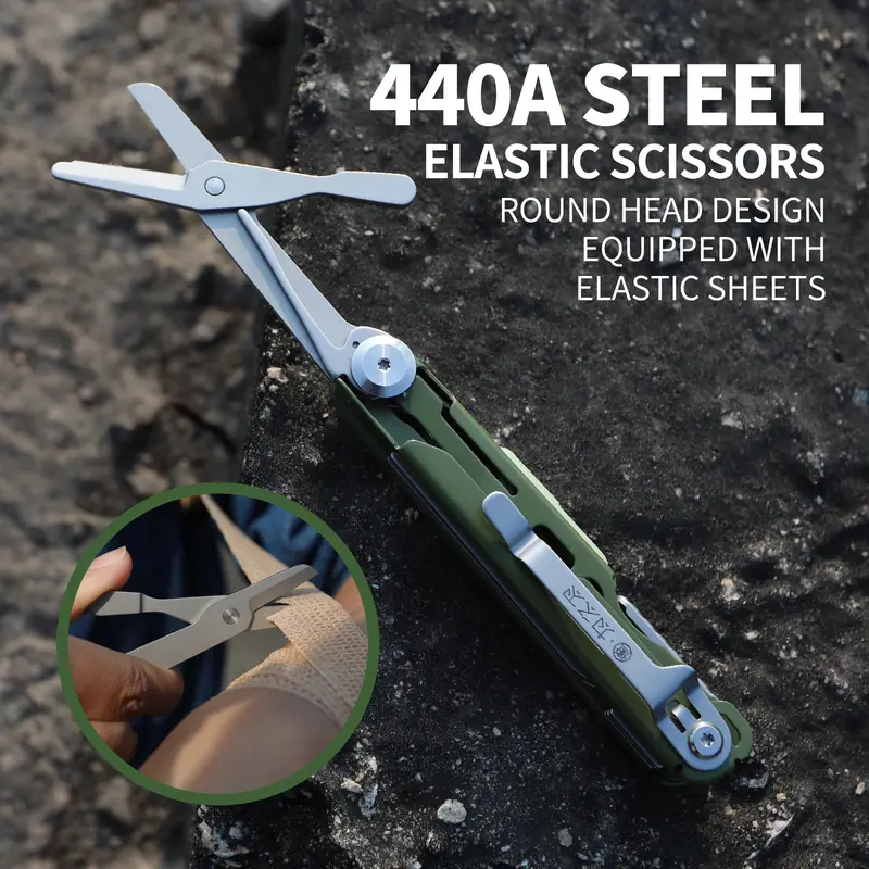 Xhandle MT-18 10-in-1 Pocket EDC Multitool with D2 Stainless Steel, 440A Scissors, Folding Saw, Serrated Cutter, Bottle Opener, Glow Marker, Tungsten Steel Breaker, Green Handle, Outdoor Camping Gear