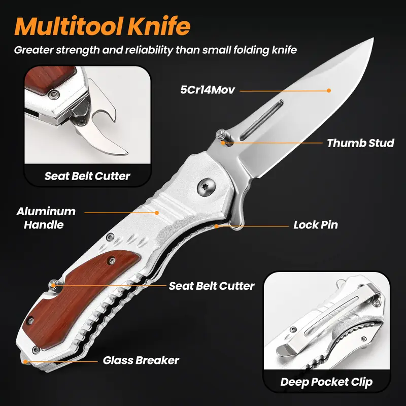 Pocket Knife for Men - Sharp Blade Wood Handle Pocket Folding Knives with Clip, Glass Breaker - EDC Knives for Survival Camping Hunting Fishing Hiking Women, Large, Black