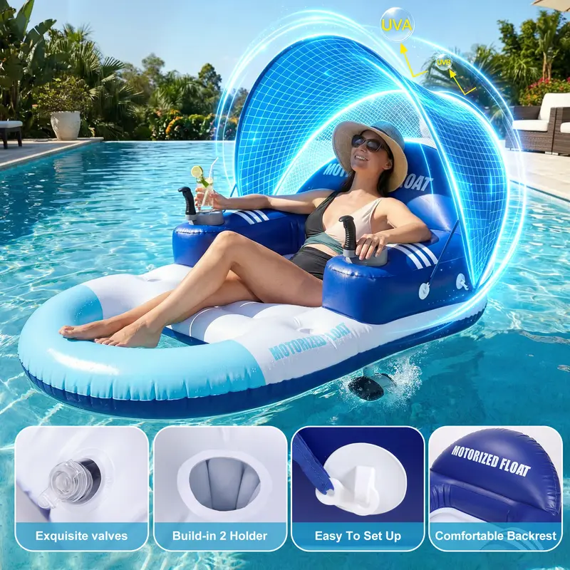 Motorized Pool Float with Canopy, Rechargeable Motorized Floats with Cup Holder – Dual Motor Heavy Duty Electric Lounger Raft for Adults, Pool, Lake & Party，inflatable pool raft
