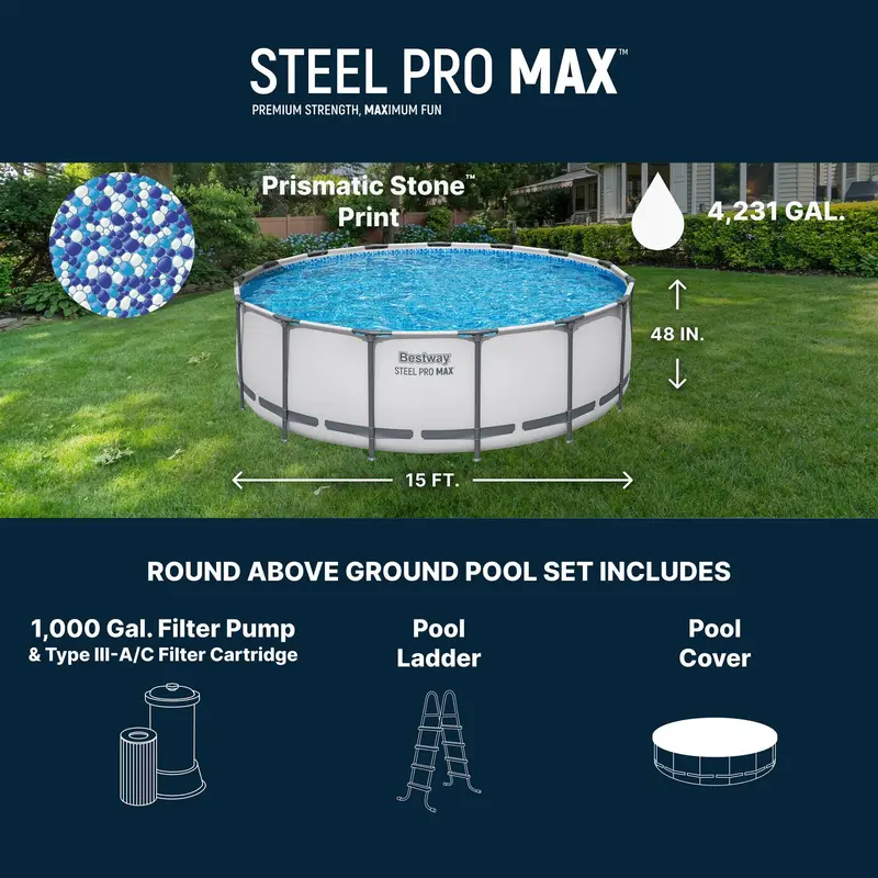 Bestway Steel Pro MAX Round Above Ground Pool Set, Gray (15 Ft | 14 Ft | 13 Ft | Size Options) Complete Set with Filter Pump, Ladder and Cover Fun Gift