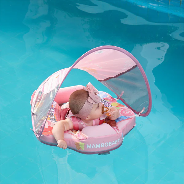 Mambobaby Baby Float with Sunshade Canopy and Crotch Strap Inflatable-free Safe Core Swimming Pool Accessory Bathroom Water Toy