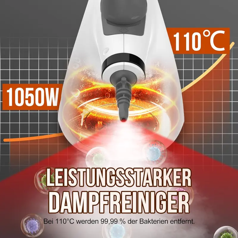 1050W Handheld High Temp Pressurized Steam Cleaner, 15 Accessories, Safety Lock & Fast Heat-Up for Kitchen Grease Car Cleaning