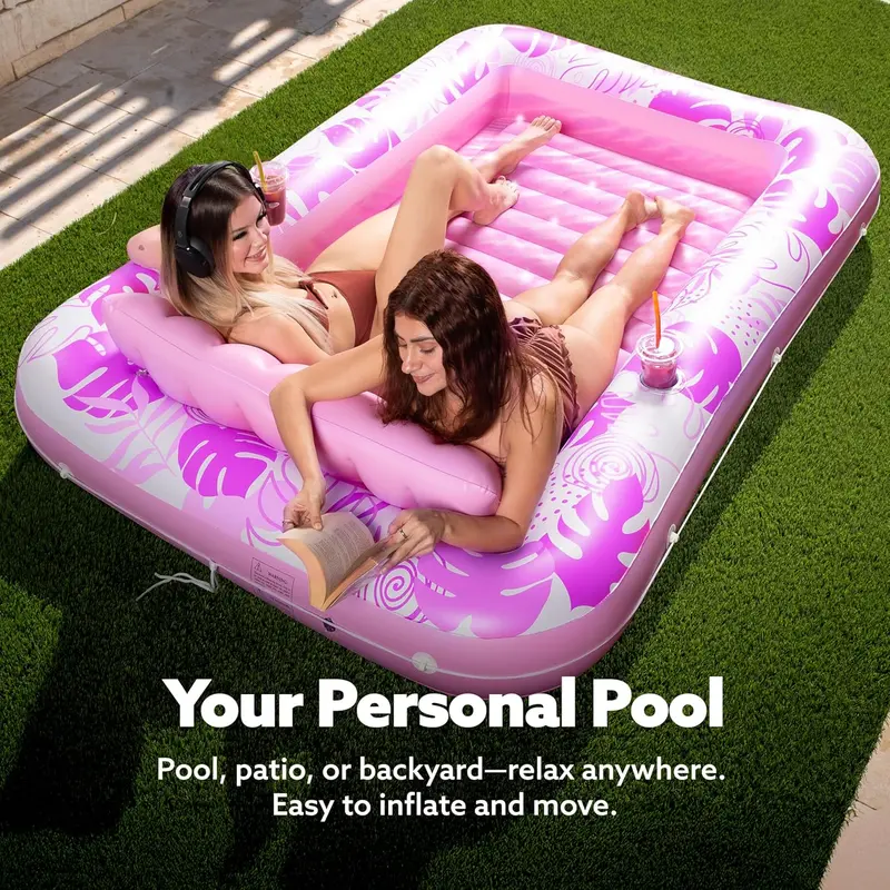 Inflatable Tanning Pool Lounge Float With Cup Holder, 70“X46”/85″ x 57″ Extra Large Pool Floats Adult with Pillow, 4 in 1 Suntan Tub Raft Floatie, Sunbathing Bed Lounge for Water Blow Up Kids Ball Pit Party Gifts