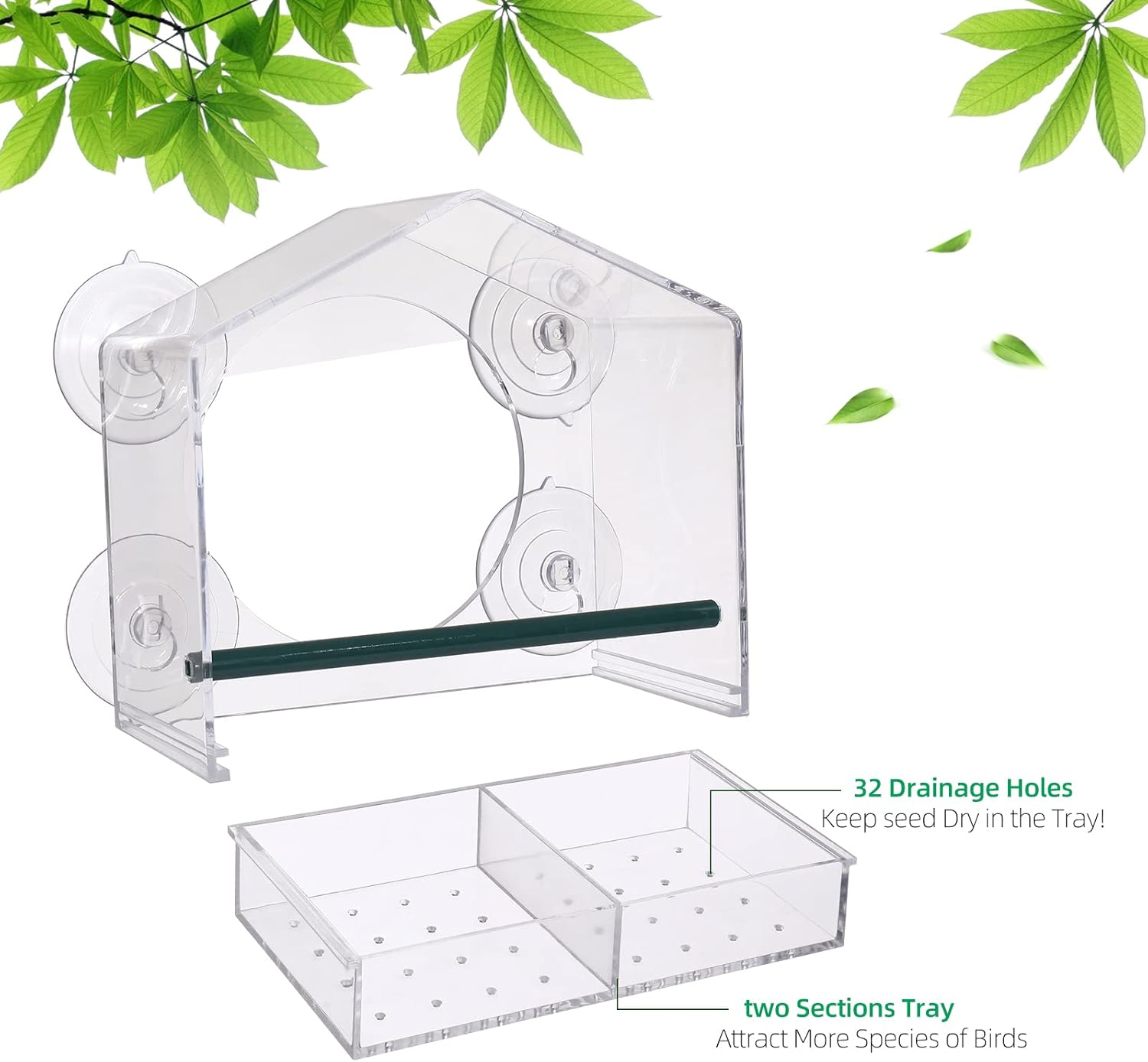 Outside Large Clear Window Mounted Bird House Feeders with Strong Suction Cups and Removable Seed Tray, Acrylic Clear, for Cardinals, Blue Jays, Finches