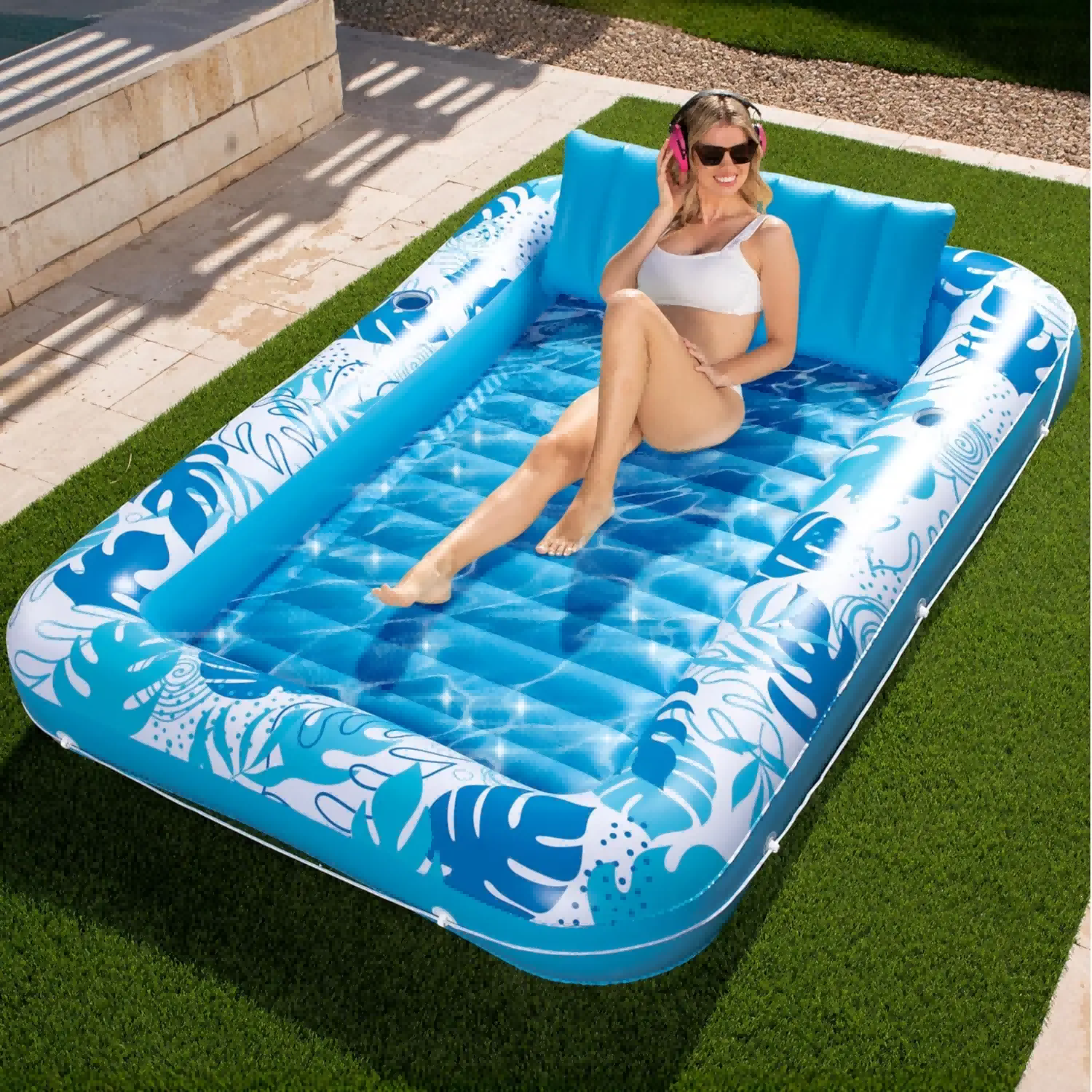 Inflatable Tanning Pool Lounge Float With Cup Holder, 70“X46”/85″ x 57″ Extra Large Pool Floats Adult with Pillow, 4 in 1 Suntan Tub Raft Floatie, Sunbathing Bed Lounge for Water Blow Up Kids Ball Pit Party Gifts