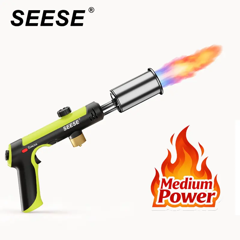 【FathersDayGift】SEESE Powerful Propane Torch(Propane Tank Not Included),With One-Touch Max Fire Button and Safety Lock, Adjustable Blow Torch for Sous Vide Searing Steak, BBQ,Fireplace,Charcoal Wood