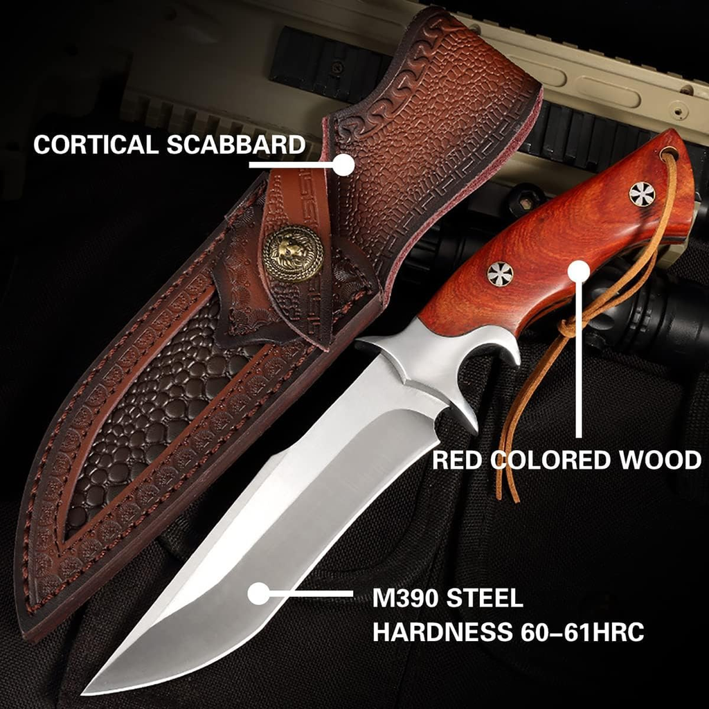 M390 Steel Handmade Hunting Knife, Fixed Blade Full-Tang with Leather Sheath, Red Wood Non-Slip Handle - Survival, Tactical, Camping knives，Gifts for men