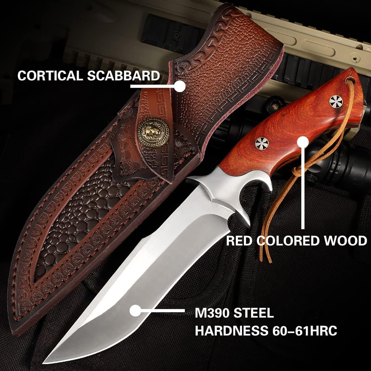 M390 Steel Handmade Hunting Knife, Fixed Blade Full-Tang with Leather Sheath, Red Wood Non-Slip Handle - Survival, Tactical, Camping knives，Gifts for men