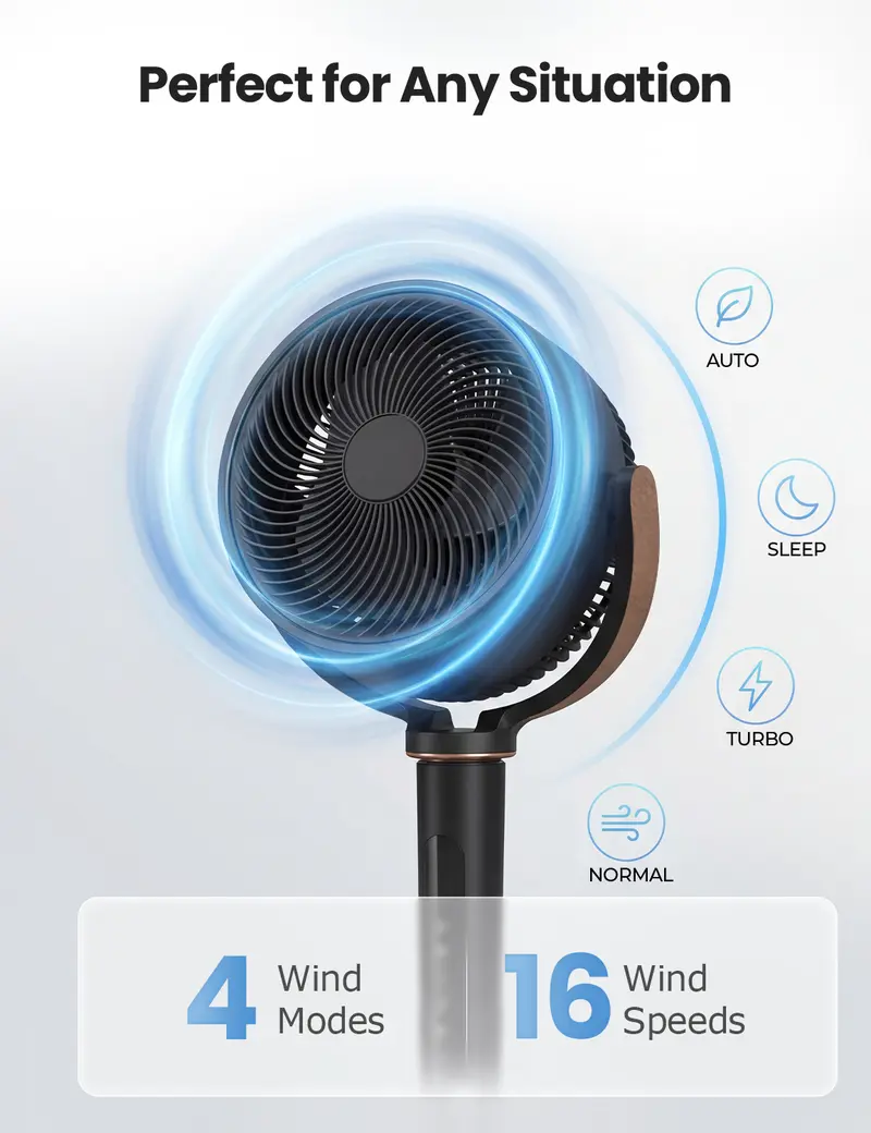 120° Automatic 4-Way Oscillating Standing Fan, Quiet DC Motor, 16 Speeds, 4 Modes, Adjustable 37-45" Height, 12H Timer, Remote Control