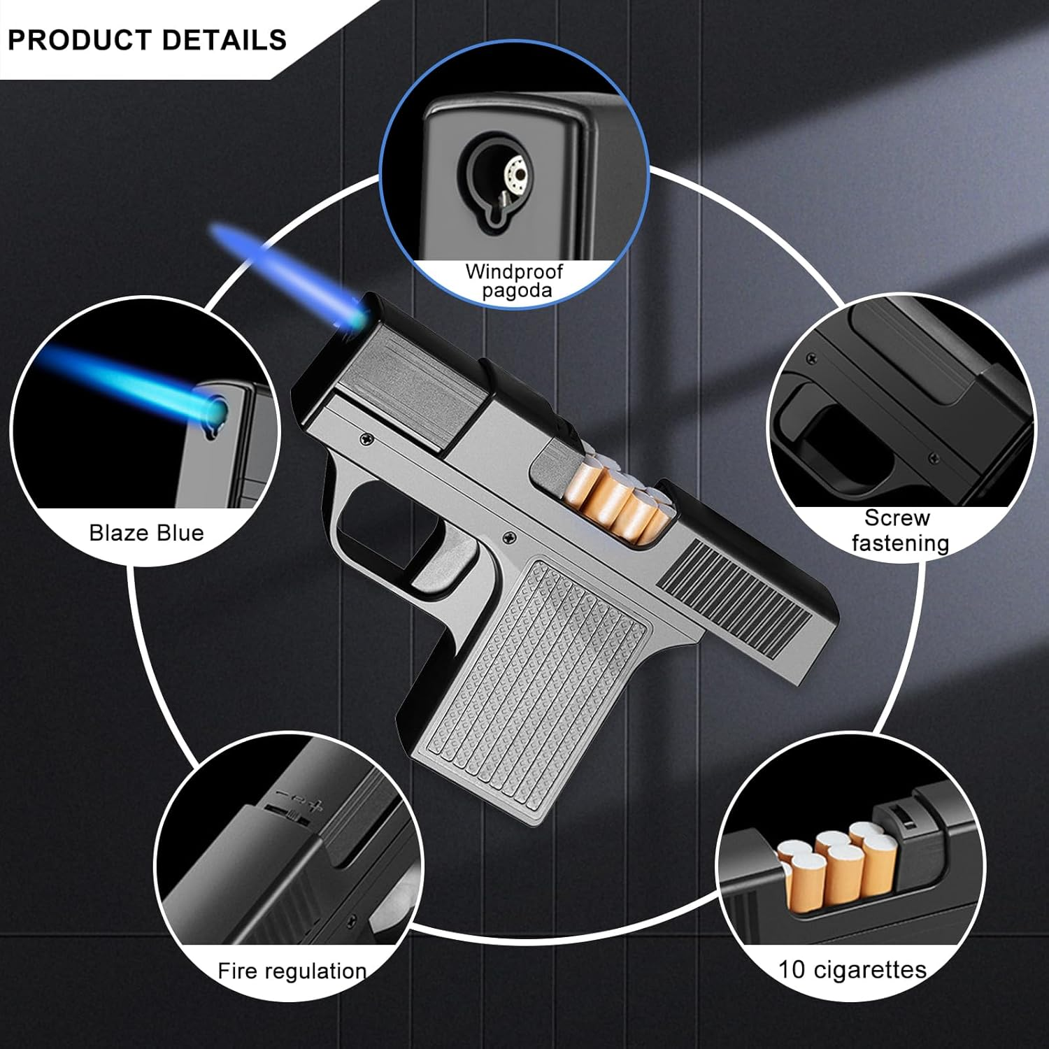 Windproof Lighter with Cigarette Case, Shatterproof, Refillable, Jet Torch, Holds 10 Cigarettes, Black, Modern Style