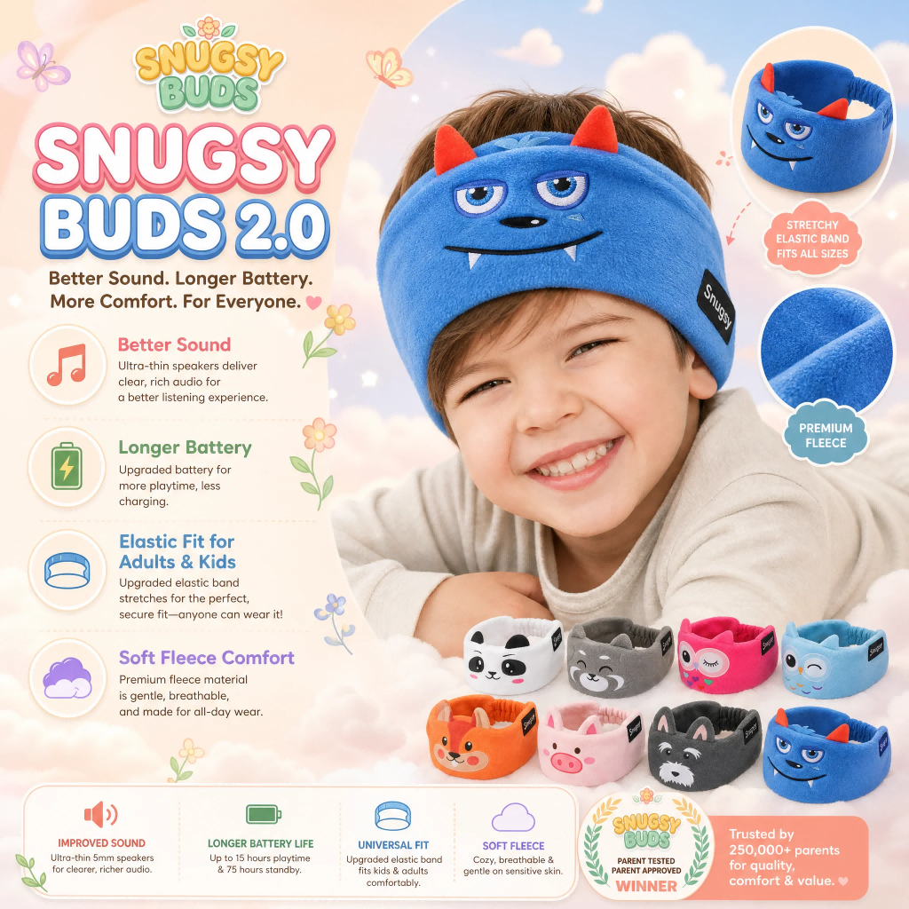 Snugsy Buds Kids Wireless Headphones with Volume Limiter | Bluetooth On-Ear Headset for Kids | Soft Plush Earpads