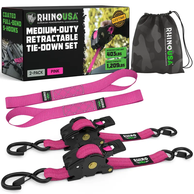 Rhino USA 1" x 10' Retractable Ratchet Straps (select 2 pack or 4 pack) - Medium Duty Self Retracting Tie Down Straps for Truck, Cargo Trailer