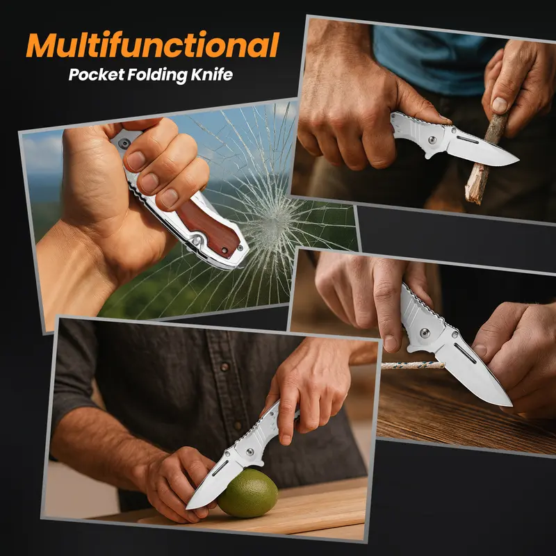 Pocket Knife for Men - Sharp Blade Wood Handle Pocket Folding Knives with Clip, Glass Breaker - EDC Knives for Survival Camping Hunting Fishing Hiking Women, Large, Black