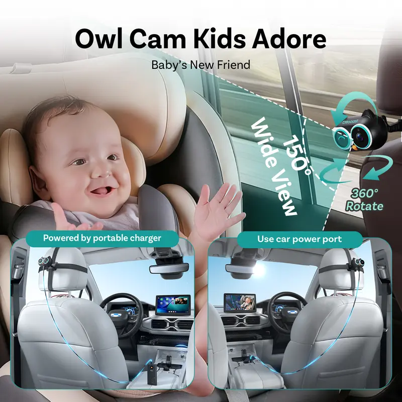Baby Car Camera &Wireless CarPlay Adapter,1080P HD Rear Seat Monitor Display on Car Screen,150°Wide Angle No-Glow Night View, Safety for Kids & Infants