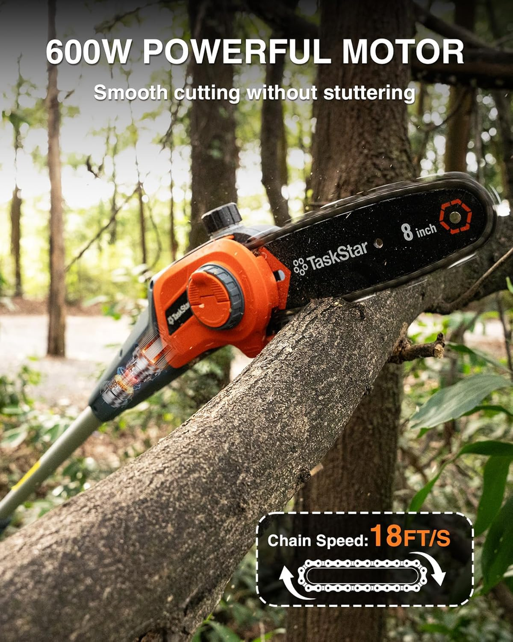 TaskStar 2-in-1 Pole Saw for Tree Trimming, 8-Inch Cordless Brushless Chainsaw with Adjustable Extension Pole, 2×4.0Ah Rechargeable Batteries & Charger, Auto Oiling, 15 Ft Max Reach