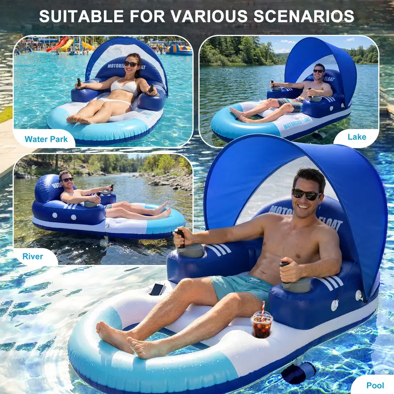 Motorized Pool Float with Canopy, Rechargeable Motorized Floats with Cup Holder – Dual Motor Heavy Duty Electric Lounger Raft for Adults, Pool, Lake & Party，inflatable pool raft