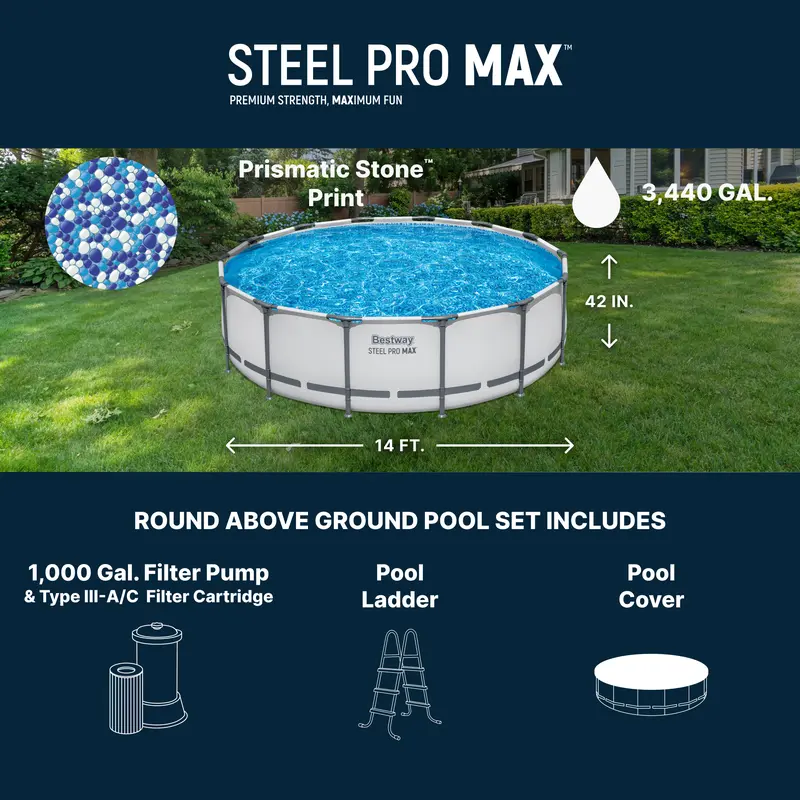 Bestway Steel Pro MAX Round Above Ground Pool Set, Gray (15 Ft | 14 Ft | 13 Ft | Size Options) Complete Set with Filter Pump, Ladder and Cover Fun Gift