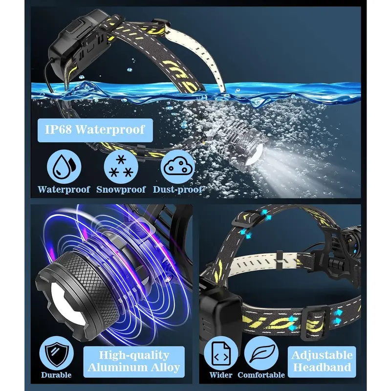 Moko 150000 lumen rechargeable headlamp-60H long battery life detachable, 8 modes super bright 50W bulb IP68 waterproof 90 ° adjustable sensor headlight for outdoor camping fishing running hunting Tactical Flashlight