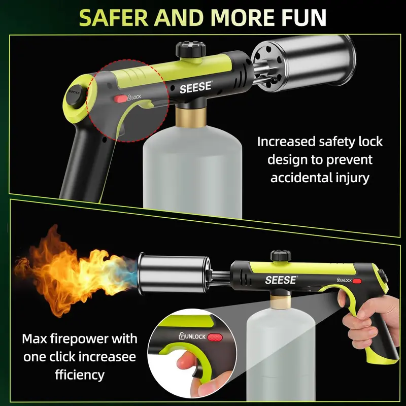 【FathersDayGift】SEESE Powerful Propane Torch(Propane Tank Not Included),With One-Touch Max Fire Button and Safety Lock, Adjustable Blow Torch for Sous Vide Searing Steak, BBQ,Fireplace,Charcoal Wood