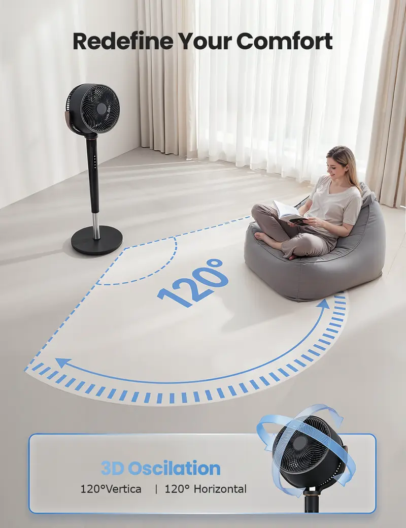 120° Automatic 4-Way Oscillating Standing Fan, Quiet DC Motor, 16 Speeds, 4 Modes, Adjustable 37-45" Height, 12H Timer, Remote Control