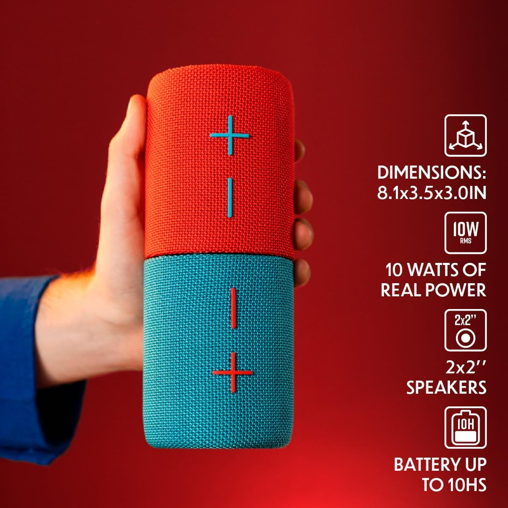 Stromberg - Twin 2-in-1 Mini Portable Bluetooth Speaker, 10W Power, 10-Hour Playtime, Sky Blue and Red
