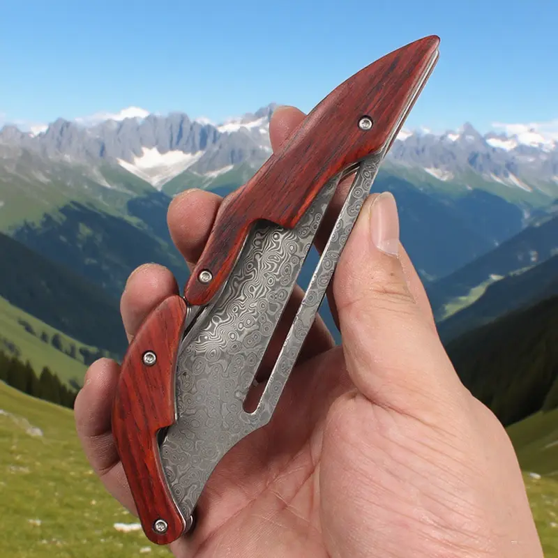 Damascus steel multifunctional folding knife | mechanical magic knife | creative horseshoe design | wooden handle | kitchen peeling tool and unique gift