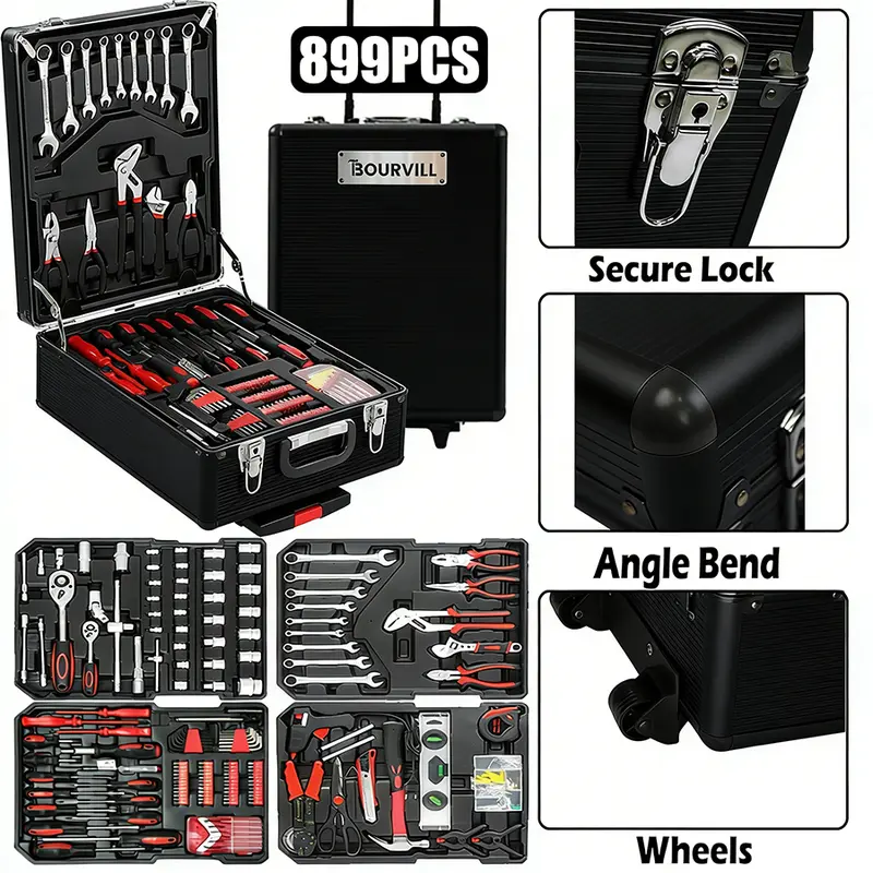 Bourvill 899-Piece Tool Set - High-Capacity Portable Metal Tool Case,Wheeled Mobile Tool Cabinet, and 4-Tier Aluminum Alloy Storage Unit- A Complete Kit for Mechanical Repair & Home Maintenance - ThePerfect Father's Day Gift #fathersdaygift