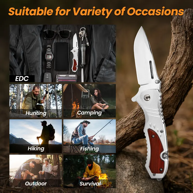 Pocket Knife for Men - Sharp Blade Wood Handle Pocket Folding Knives with Clip, Glass Breaker - EDC Knives for Survival Camping Hunting Fishing Hiking Women, Large, Black