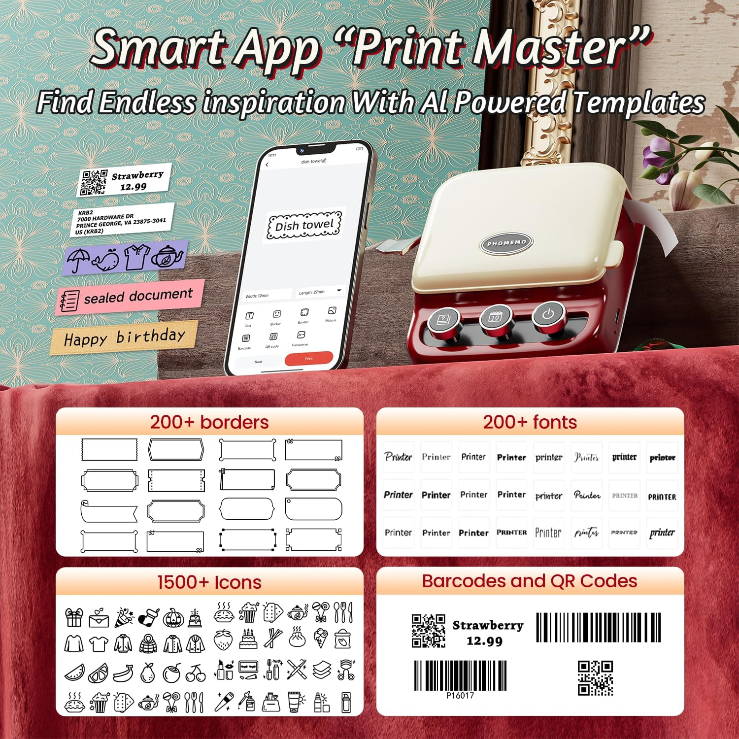 Phomemo P15 Ribbon Printer, Mini Bluetooth Portable Label Maker Machine with 4 Tapes Custom Text/Icon for Gift Decorations, Cloth Tags, DIY Crafts, Wedding Bouquets, Party Favors, Red