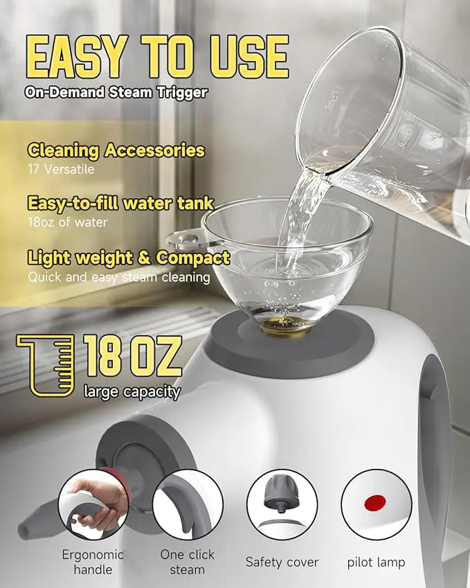 1050W Handheld High Temp Pressurized Steam Cleaner, 15 Accessories, Safety Lock & Fast Heat-Up for Kitchen Grease Car Cleaning