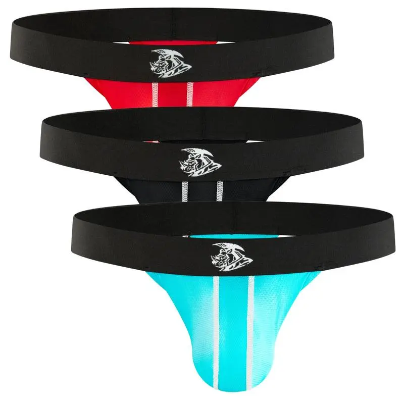 Strapped Thong Nylon Mesh & Modal No Fly Mid-Rise 3 Pack 0 Inch with ABCD Pouch - XS to XL waist Size Spandex Athletic Breathable