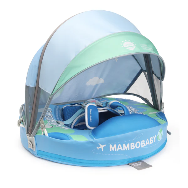 Mambobaby Non-Inflatable Baby Swim Float with Detachable Canopy, UPF 50+ Sun Protection, 5-Point Safety System, for Babies 3-24 Months