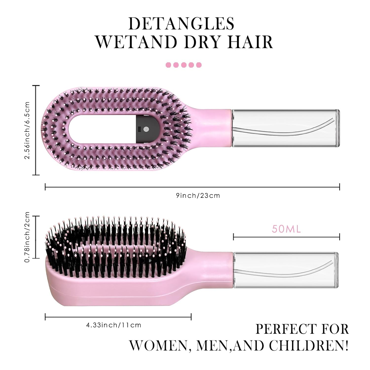 2-in-1 Detangler Hair Brush, With Built-In Mister Spray, Wet & Dry Detangling Brush for Curly, Wavy & Straight Hair | No-Tangle Anti-Frizz Hair Care Brush,Water Reservoir 50ml.