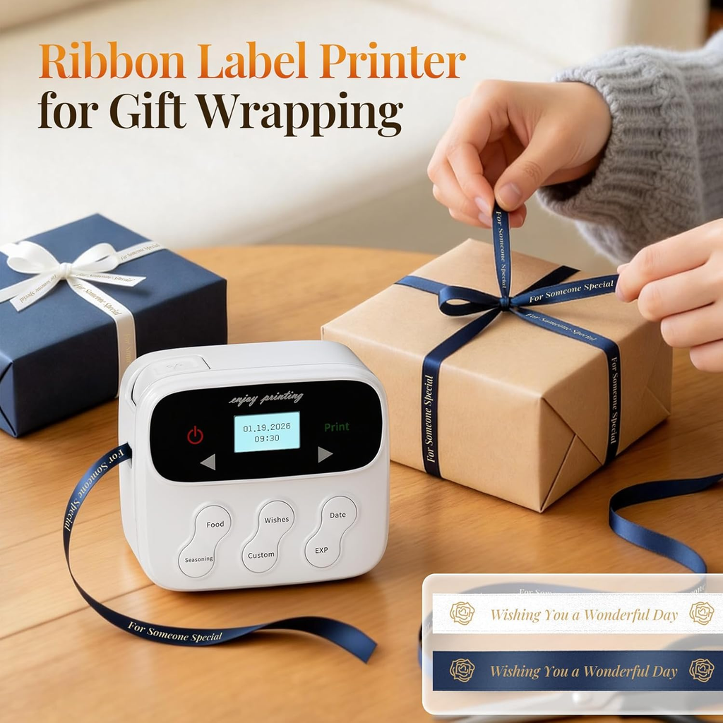 Phomemo F12 Ribbon Label Printer, Kitchen Magnetic Label Maker Machine with Tapes Handheld Rechargeable Backlit-LCD Screen Labeler One-Click Print Date for Home Food DIY Craft Gift Wrap Father’s Day