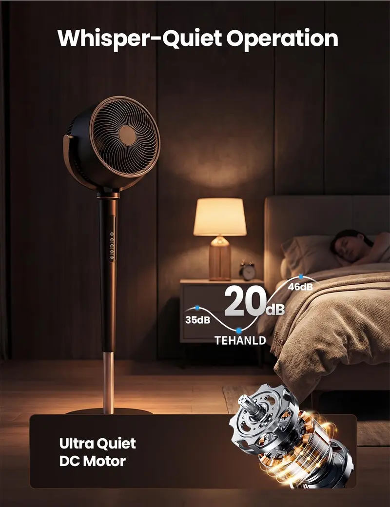 120° Automatic 4-Way Oscillating Standing Fan, Quiet DC Motor, 16 Speeds, 4 Modes, Adjustable 37-45" Height, 12H Timer, Remote Control