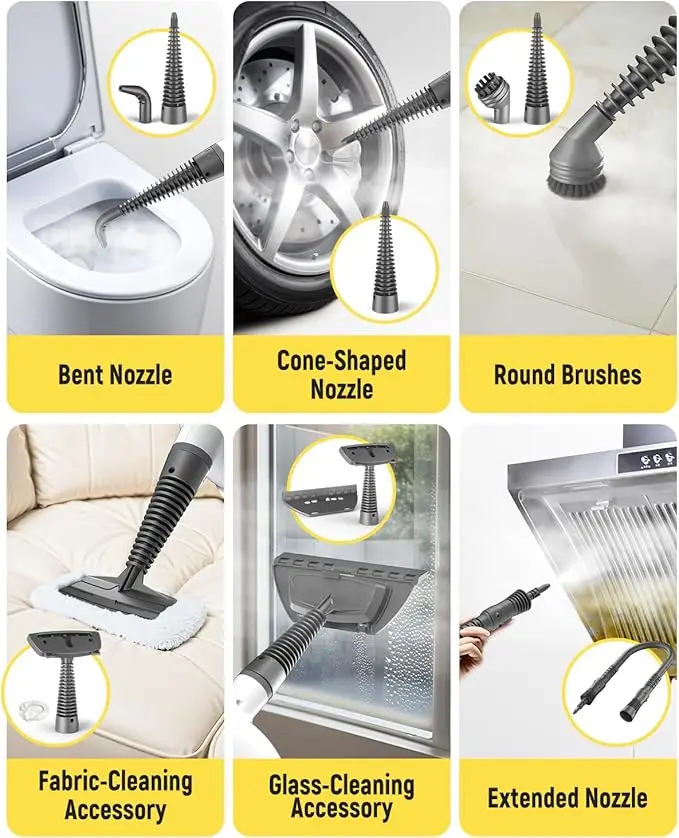 1050W Handheld High Temp Pressurized Steam Cleaner, 15 Accessories, Safety Lock & Fast Heat-Up for Kitchen Grease Car Cleaning