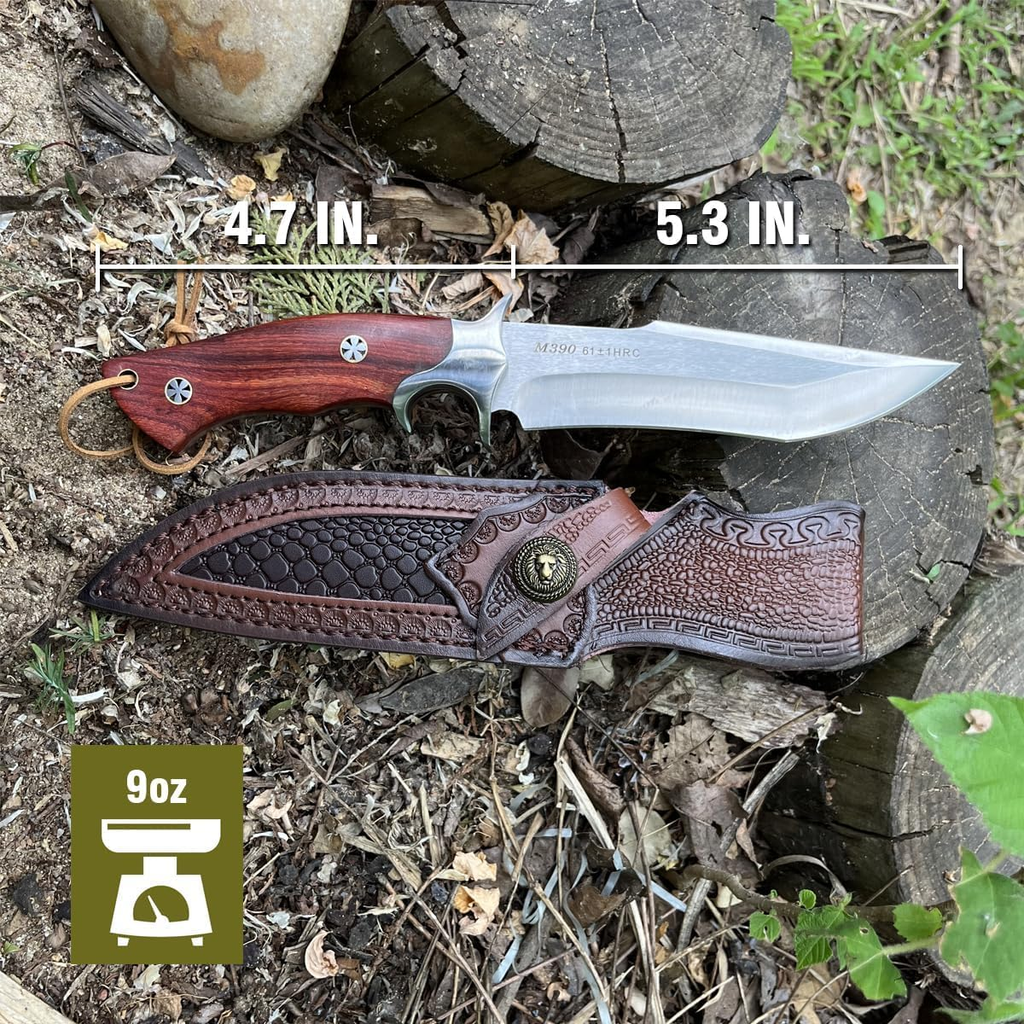 M390 Steel Handmade Hunting Knife, Fixed Blade Full-Tang with Leather Sheath, Red Wood Non-Slip Handle - Survival, Tactical, Camping knives，Gifts for men