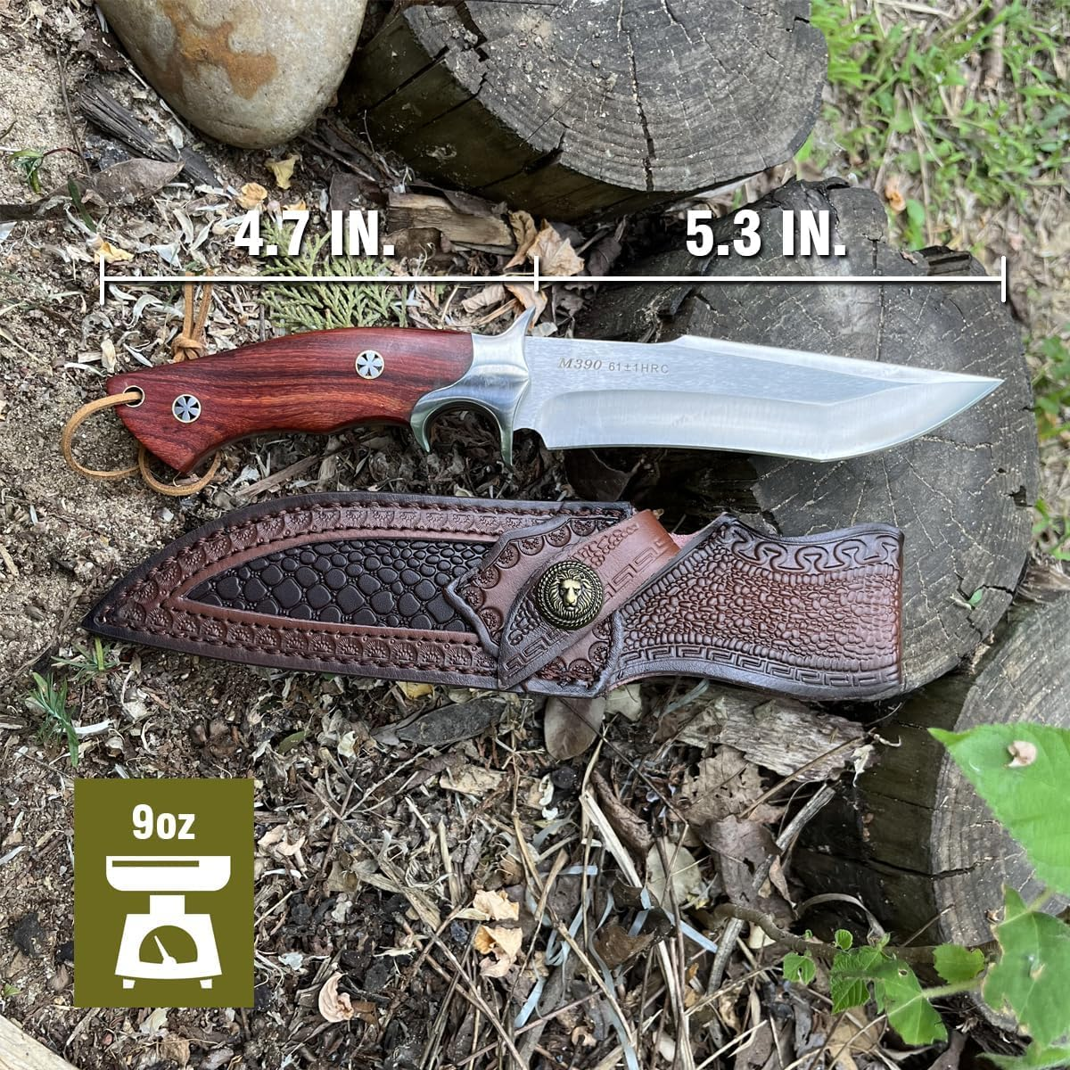 M390 Steel Handmade Hunting Knife, Fixed Blade Full-Tang with Leather Sheath, Red Wood Non-Slip Handle - Survival, Tactical, Camping knives，Gifts for men