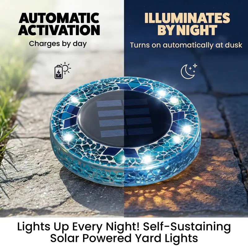 Solar Outdoor Mosaic Disk Lights, Waterproof Decorative Pathway LED Light, Auto On/Off
